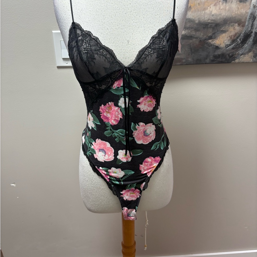 NWT Victoria's Secret Black Lace Bodysuit with Pink Floral Design
